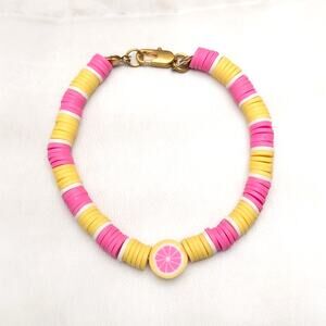 Pink & Yellow Stretch Bracelet with Fruit Charm and Lobster Clasp